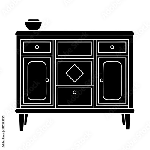 Vector silhouette of a classic style wooden sideboard cabinet with a bowl ornament