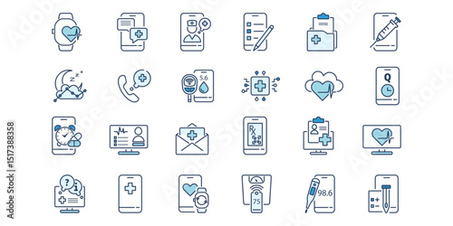 Health icon collection with digital tools for patient support. Medical interface elements doctor chat, telemedicine,  monitoring app features. Line symbols for care system. Vector illustration.