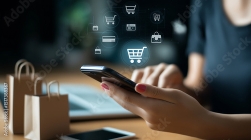 スマートフォンでネットショッピングを楽しむ女性と買い物袋のイラスト