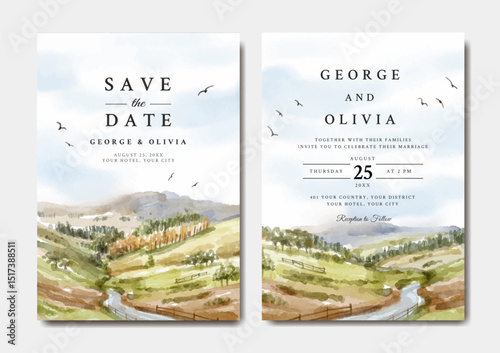 Wedding invitation of road and hill watercolor