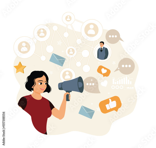 A woman speaks using a megaphone to attract customers.