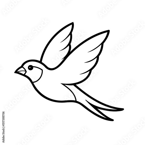 Simple black and white illustration of a bird in flight with outstretched wings