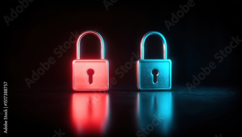 Two glowing metal padlocks, red and blue neon light, dark background