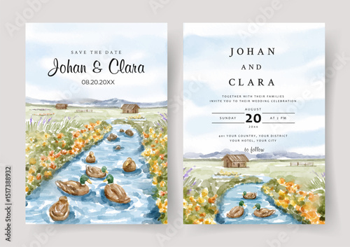 Watercolor wedding invitation with mallard duck on the river
