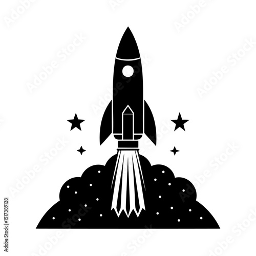 Fototapeta Naklejka Na Ścianę i Meble -  Black and white silhouette illustration of a rocket ship blasting off into space with stars