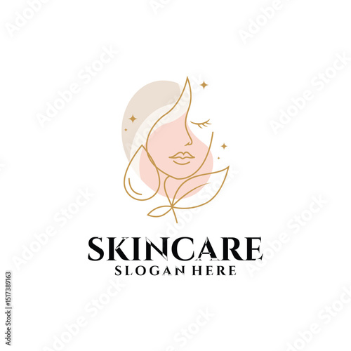 Skincare and beauty logo design with woman face and leaf