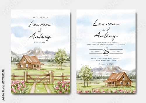 Wedding invitation set with house and wooden fence watercolor