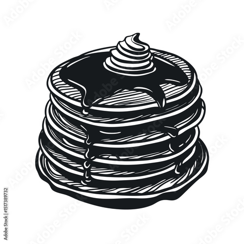 Delicious sweet breakfast pancakes with butter and syrup on a white plate
