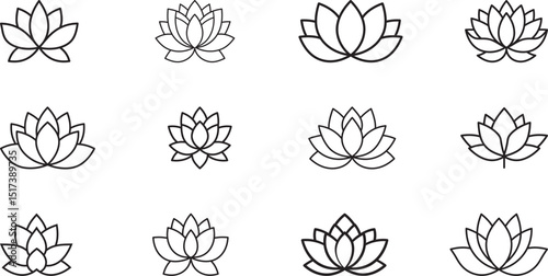 Outlined lotus flower Icon featuring diverse styles. Logo for decorative projects, branding, and illustrating themes of spirituality, harmony, yoga, wellness, and natural beauty.
