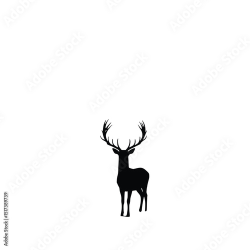 "Black silhouette of a deer with antlers, standing alert, white background, minimalist wildlife vector art"

