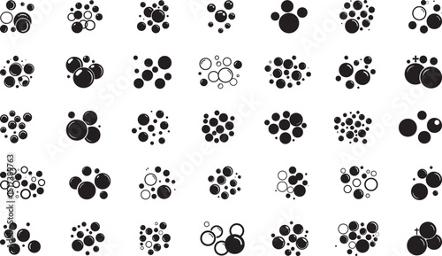 Vector linear illustration of air bubbles. Bath detergent design elements: Water bubble icon and Clean soap bubble icons. Shiny black bubble symbol. Fresh water drop