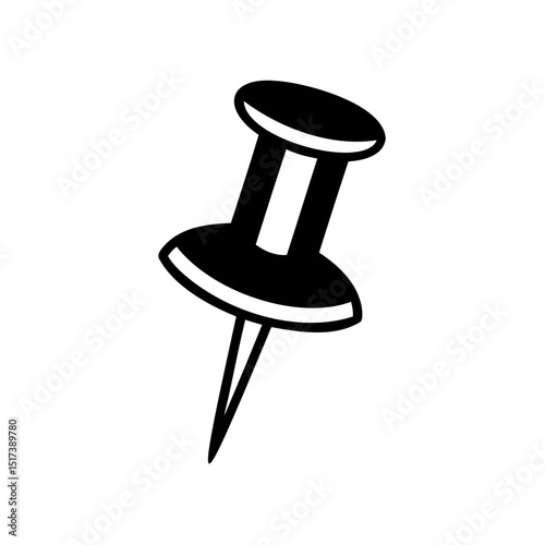 Black and white illustration of a pushpin isolated on a white background with simple design