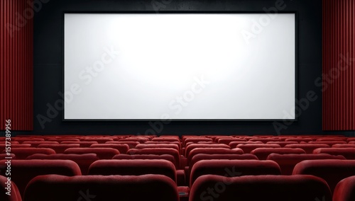 Empty movie theater interior. Blank screen. Red seats