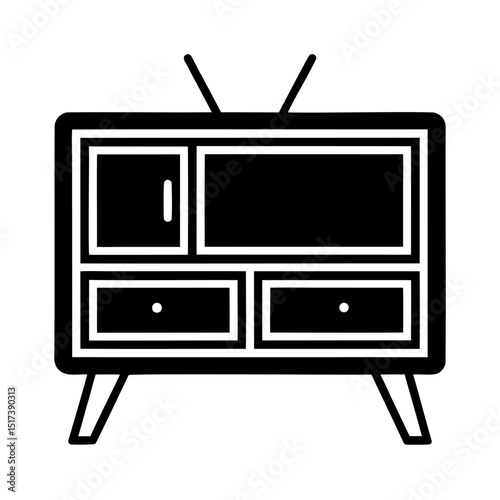 Black and white retro television cabinet illustration representing furniture and home decor