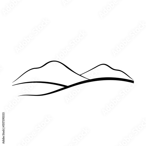 Simple minimalist black and white outline illustration of a mountain landscape design concept