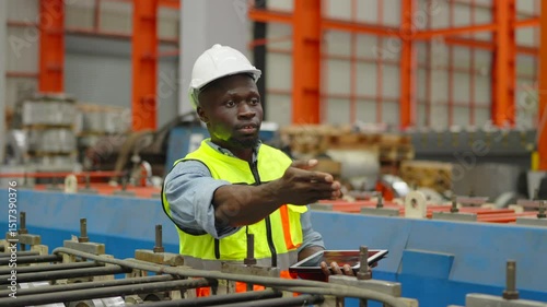 African worker talking about work to someone in the factory