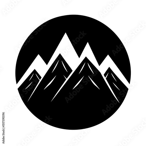 Minimalist black and white mountain range silhouette inside circular design element