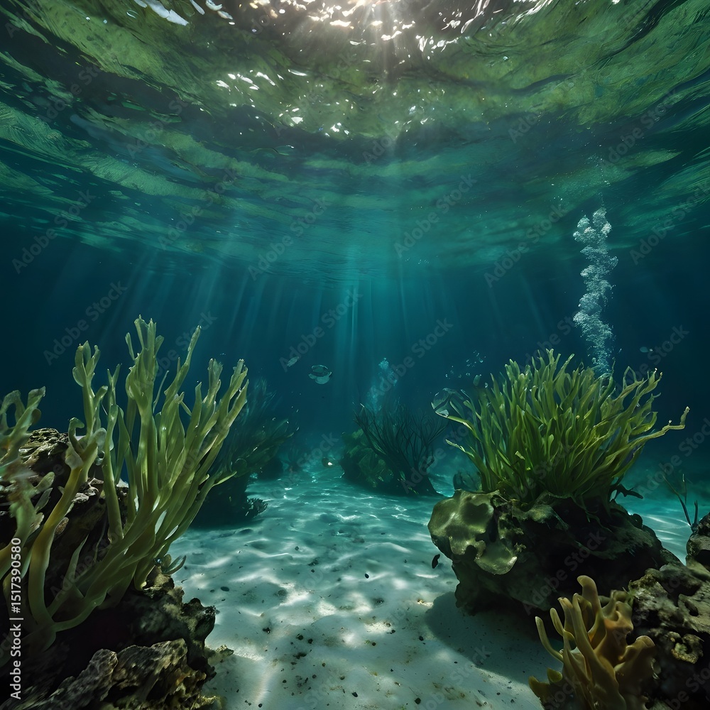 Fototapeta premium Tranquil Underwater Scene: Sunbeams Filtering Through Turquoise Ocean with Coral and Marine Life