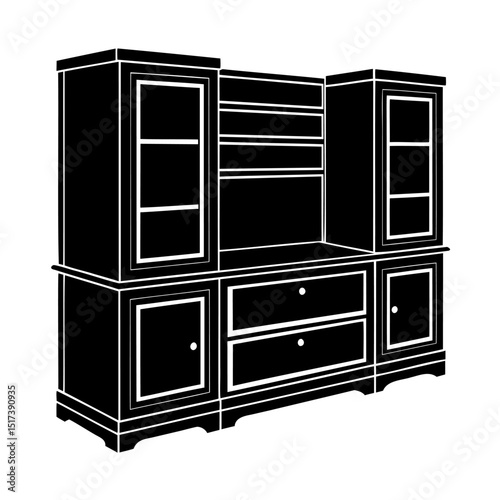 Vector illustration of a black and white classic entertainment center with storage