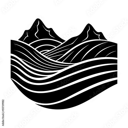 Abstract black and white landscape depicting rolling hills and mountain peaks vector art
