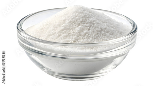 Clear glass bowl filled with salt isolated on white background.