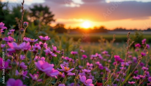 Serene Sunset Scene Pink Flowers in a Field at Golden Hour