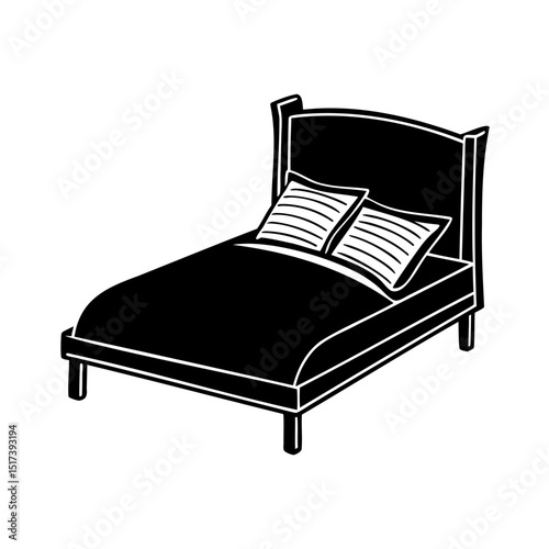 Simple bed illustration with pillows in black and white design for bedroom or home decor