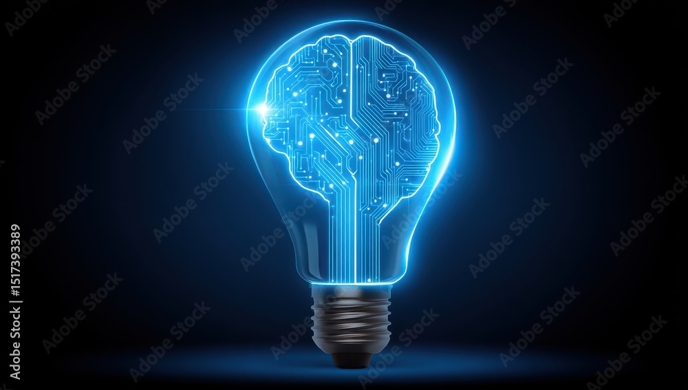 Glowing lightbulb with a circuit board brain inside Glowing lightbulb with a circuit board brain inside