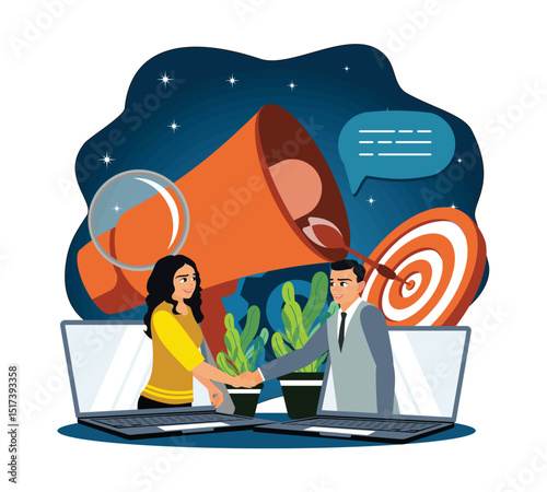 Businessmen and colleagues shake hands and collaborate online.