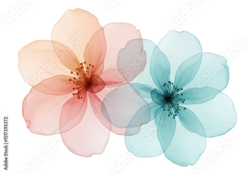 delicate transparent overlay flowers in peach and teal - artistic floral elements isolated on transparent background