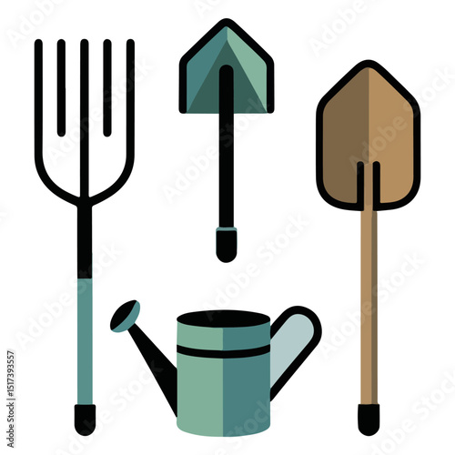 Gardening tools rake spade shovel and watering can are depicted in a cartoon vector graphic