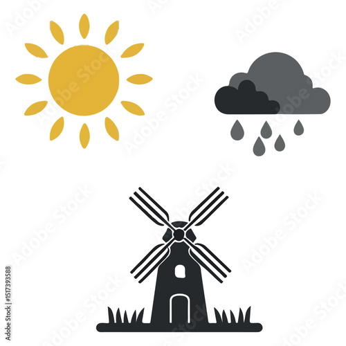 Icons depict sun rain cloud and windmill on grass