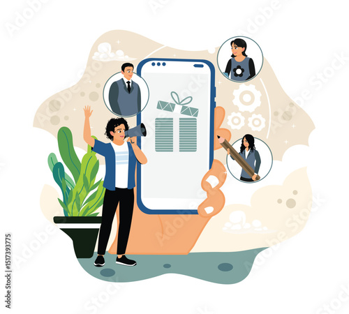 Marketing concept by inviting friends and winning prizes online.