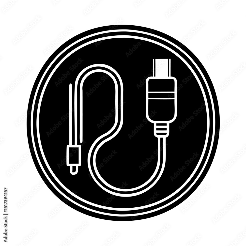 Simple black and white icon illustrating a usb cable inside a circular frame