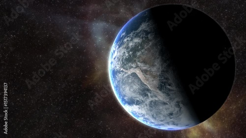 Epic cinematic motion graphic of Earth’s sunrise from orbit, showcasing a glowing blue atmosphere, dramatic lighting, twinkling stars, and vibrant colorful nebula clouds in the vast deep cosmos