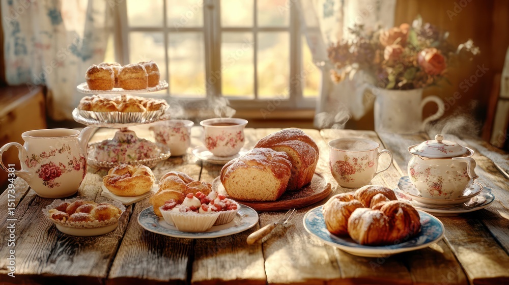 Fototapeta premium Rustic table with pastries, tea, and warm sunlight