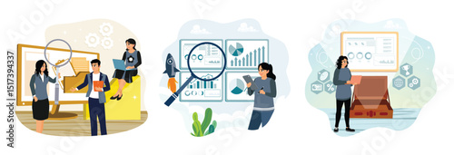 Office workers store data and files, analyzing financial data with magnifying glass for success.