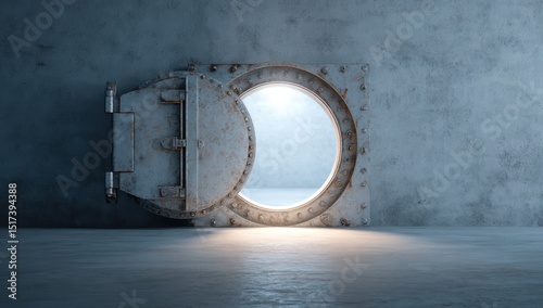 Industrial vault door ajar, light shining through