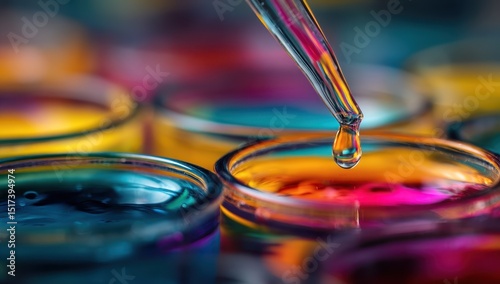 Colorful liquids in small glass containers being measured with a glass dropper