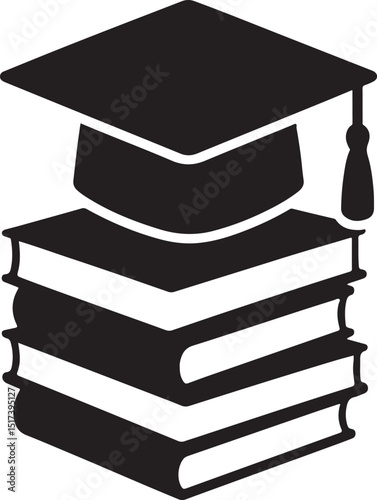Stack of books with graduation cap silhouette vector. Perfect for education, learning, academic success, and study-themed designs.