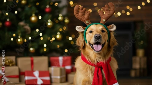 Golden retriever christmas holiday portrait