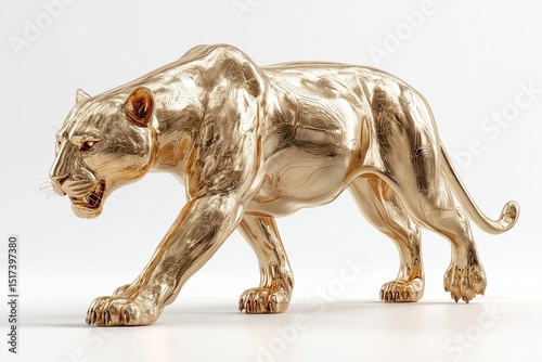 Sleek golden panther in prowling pose on solid white background, fierce feline art, luxury wildlife illustration