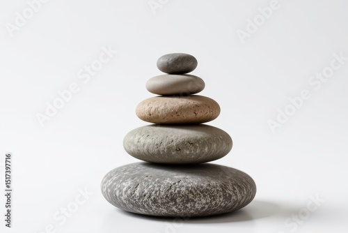 stack of three smooth stones in zen style balance, isolated on a white backdrop, symbol of tranquility and harmony. photo