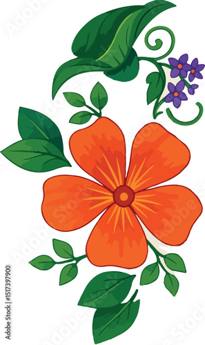 A vibrant blend of orange hibiscus, lush green leaves, and purple blossoms, this design captures nature’s elegance and spirited botanical energy.