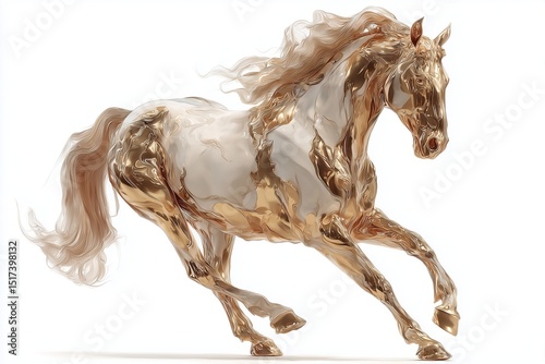 Stylized golden horse galloping on solid white background, dynamic animal art, luxury equine illustration
