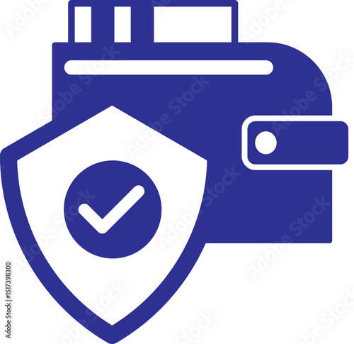 Flat style vector icon of a secure wallet with shield and check mark symbol, representing financial protection, safety, and secure transactions