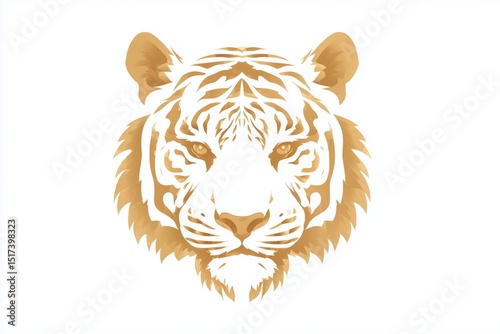 Stylized golden tiger face with sharp details on solid white background, fierce wildlife art, luxury animal symbol