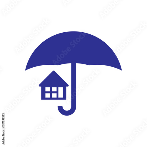 Vector icon of a house protected under an umbrella, symbolizing home insurance, property safety, and real estate protection in a clean flat design