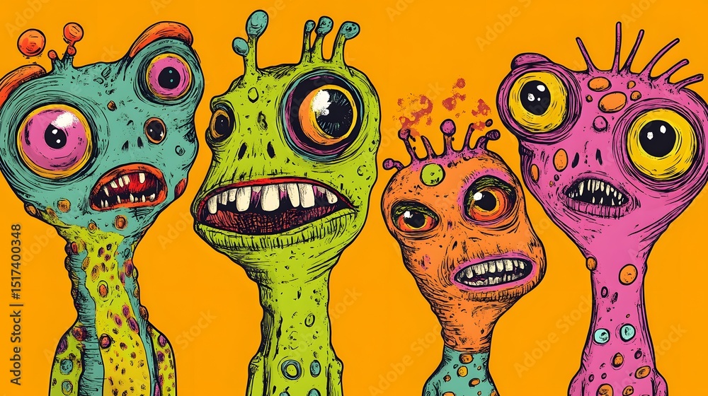 Fototapeta premium Four colorful, bizarre alien creatures against a warm background.