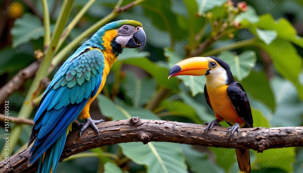 Fototapeta premium two vividly colored parrots perched on a branch in an outdoor setting